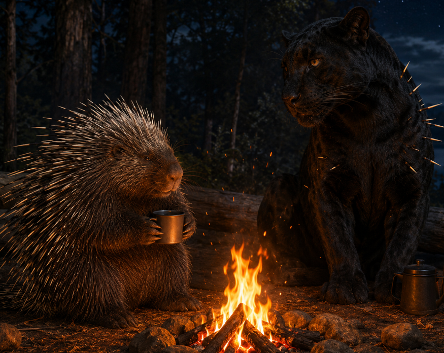 A porcupine and a panther sitting together by a campfire in the dark