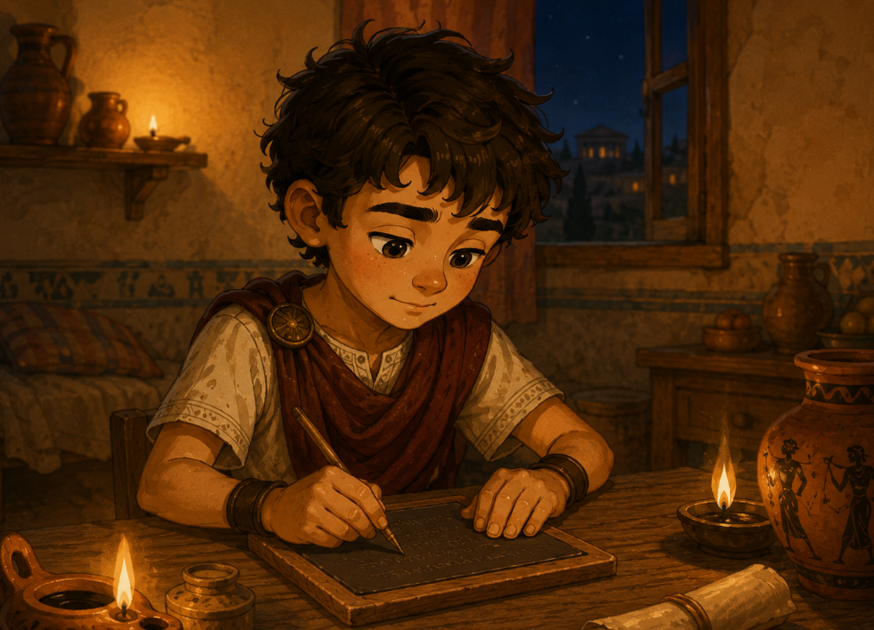 Steve writing on his wax tablet