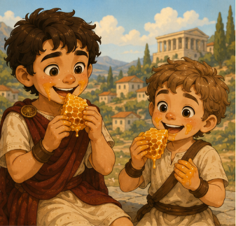 Steve and Kynthos eating honeycomb