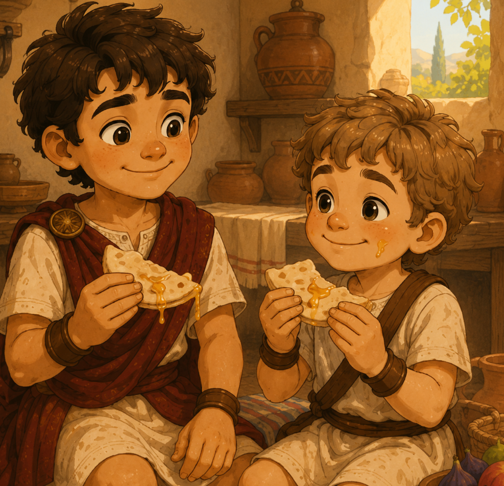 Eating a small piece of bread with honey