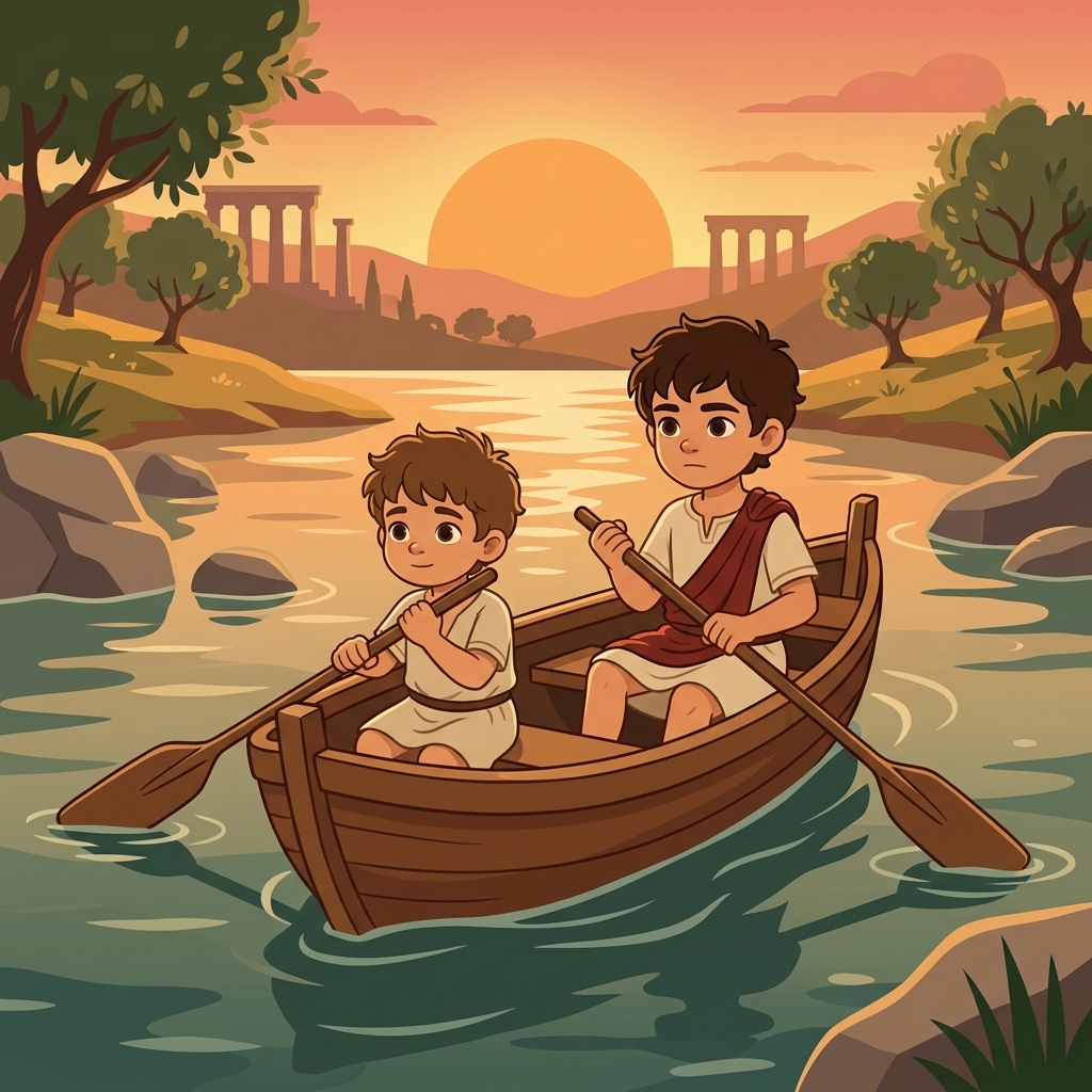 Steve and Kynthos in a wooden boat