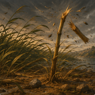 The tall reed snapping in the wind