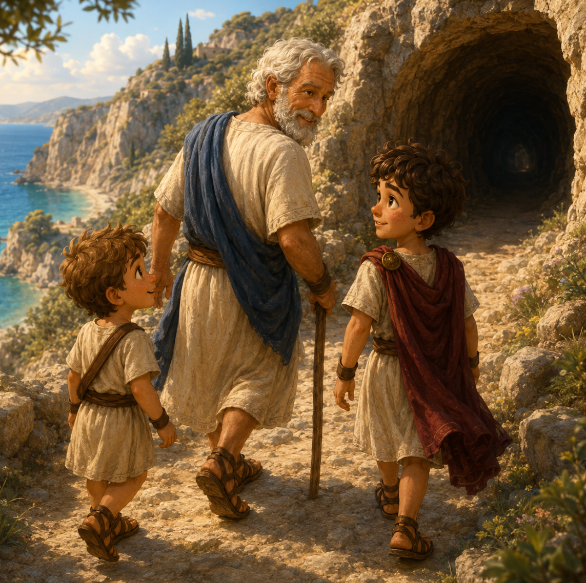 Grandfather taking Steve and Kynthos on a hike