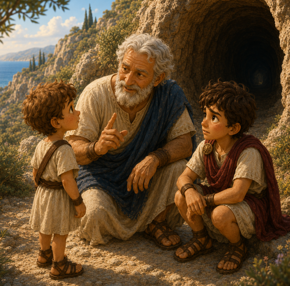 Grandfather teaching Steve and Kynthos