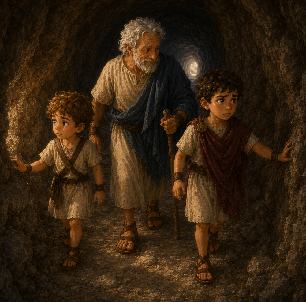 Steve and Kynthos walking through the dark tunnel slowly