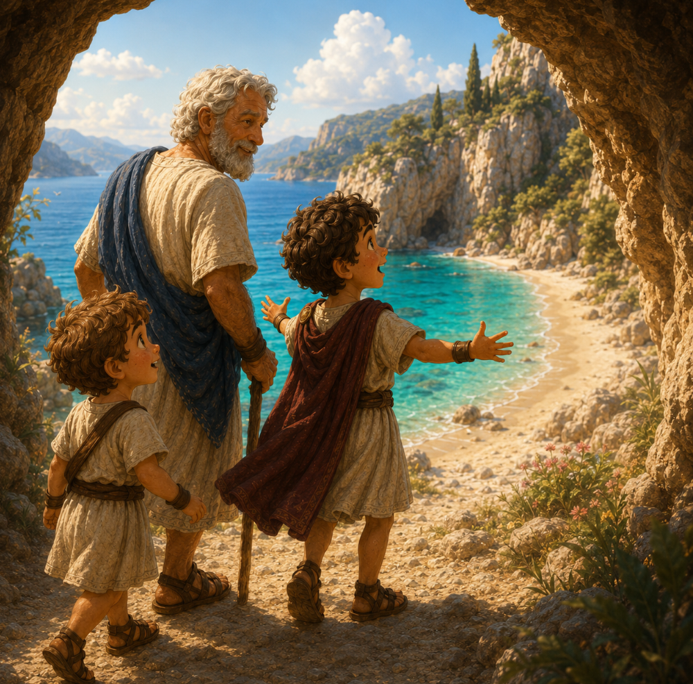 Steve and Kynthos emerging onto a beautiful beach