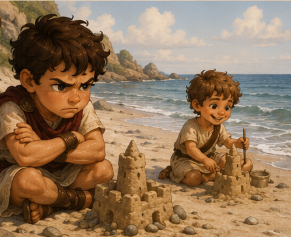 Steve, a 7-year-old boy, sitting on a sandy beach far from the water, looking incredibly annoyed and frustrated as he critiques his sandcastle, while Kynthos, a 5-year-old boy, plays happily nearby.