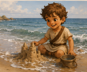 Kynthos, a 5-year-old boy, sitting right on the edge of the ocean water. A small wave is washing half of his sandcastle wall away, but he is just smiling happily and shrugging it off.