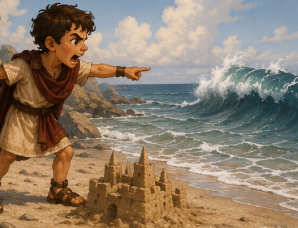 The ocean tide rising higher on the beach. Steve is standing up, looking furious, yelling angrily and pointing at the crashing waves as they move closer to his perfect sandcastle.