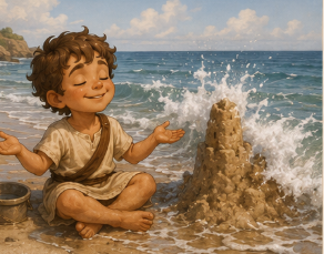 Kynthos sitting in the wet sand, watching passively with a happy sigh as another ocean wave completely destroys the main tower of his sandcastle, refusing to take action to protect it.