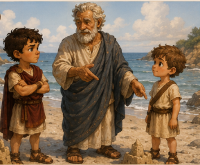 A wise, bearded Grandfather standing on the beach between Steve and Kynthos, speaking gently to them while pointing towards the ocean and the ruined sandcastles.