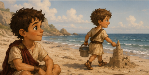 Steve relaxing on the beach and calmly taking in the beautiful view of the ocean waves, while Kynthos actively carries his bucket further up the dry sand to start building a new castle safely.