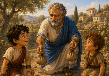 A wise, bearded Grandfather standing in a sunny spring garden, handing small vegetable seeds and pointing to two empty patches of dirt for his two grandsons: Steve (7 years old) and Kynthos (5 years old).