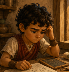 Steve, a 7-year-old boy who is logical but prone to overthinking and procrastinating, sitting inside at a table. He looks stressed as he reads heavy gardening books and draws complicated layouts, putting off the actual planting.