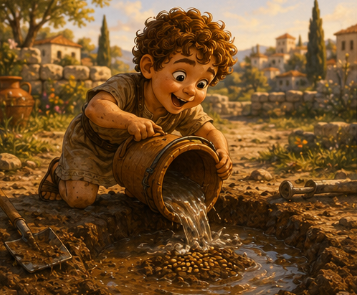 Kynthos, a 5-year-old boy who is impatient and reckless, aggressively dumping a huge bucket of water and a massive handful of seeds all at once into a single giant muddy hole in the garden.