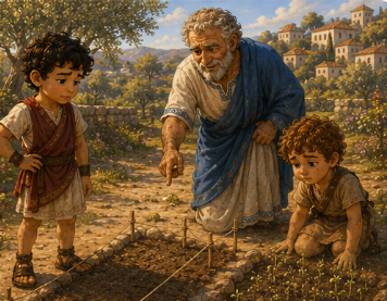 Weeks later in the garden. Kynthos looks disappointed at a single, messy, overcrowded clump of tiny struggling sprouts, while Steve looks sad at his perfectly measured but completely empty patch of dry dirt.