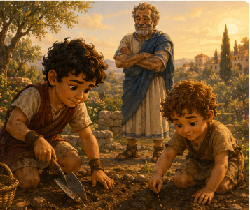 Grandfather kneeling in the garden between Steve and Kynthos, pointing at their failed garden patches and gently explaining the balance of patience and taking action.