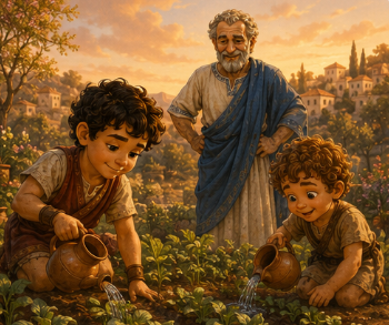 Steve finally taking action, using a small shovel to dig neat rows in the dirt, while Kynthos sits patiently beside him, carefully and gently placing one seed at a time.