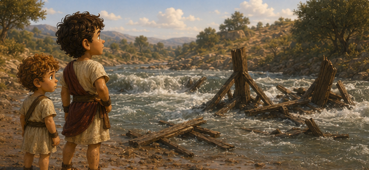Steve and Kynthos standing on the muddy bank of a fast-moving river, looking at a broken bridge.