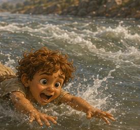 Kynthos, a 5-year-old boy, aggressively diving straight into the fast rushing water, trying to swim directly across.