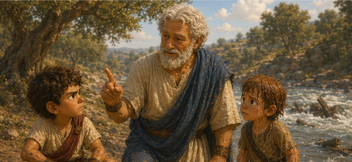 Grandfather standing on the riverbank, speaking to Steve who is sitting in the mud, and Kynthos who is soaking wet.