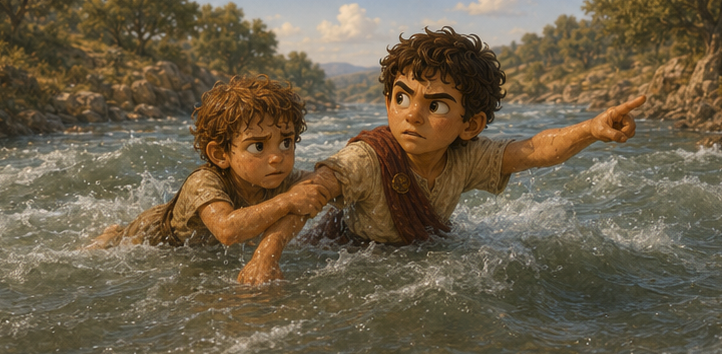Steve pointing to a spot upstream to use the current, while Kynthos uses his powerful swimming to pull them safely across to the other side.