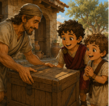 A dusty messenger handing a sealed wooden crate to Steve and Kynthos.