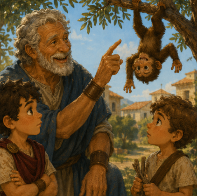 Grandfather explaining to the boys, who then start training the monkey.