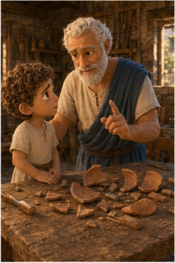 Grandfather speaking gently but firmly to Kynthos.