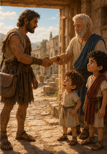 A courier handing a rolled parchment to Grandfather in the workshop while Steve and Kynthos watch.