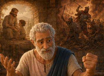 Grandfather explaining to Steve and Kynthos with a gentle expression.