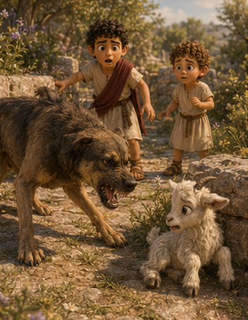 A large snarling stray dog cornering a baby goat against a stone wall.