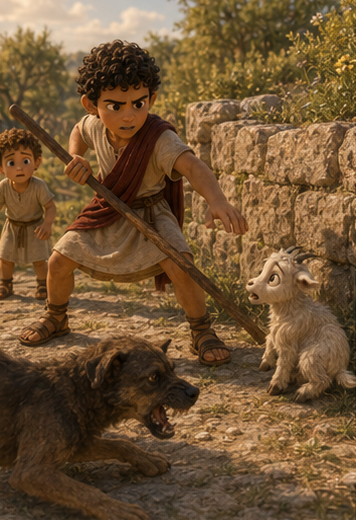 Steve grabbing a heavy wooden staff and stepping in front of the baby goat.