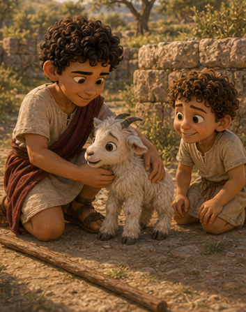 Steve gently kneeling to comfort the baby goat while Kynthos looks on in admiration.