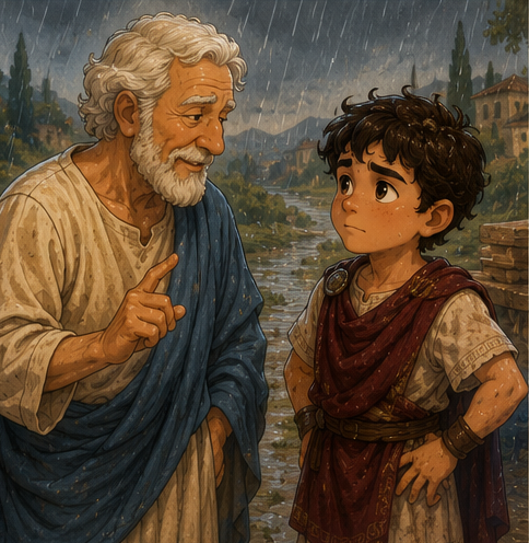 Grandfather talking calmly to Steve.