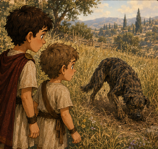 Steve and Kynthos spotting the stray dog near the edge of their property.