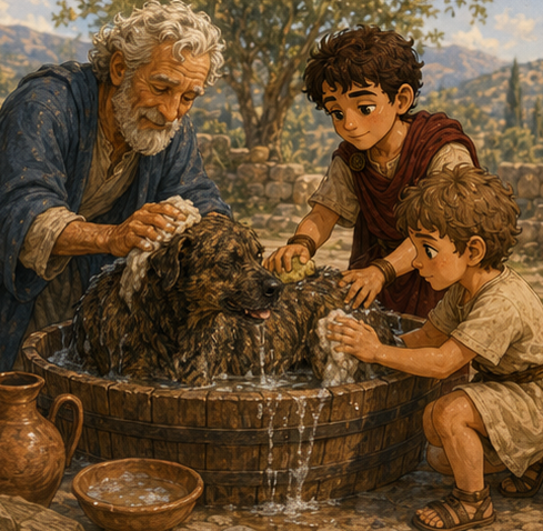 The boys helping Grandfather wash the dog in a wooden tub.