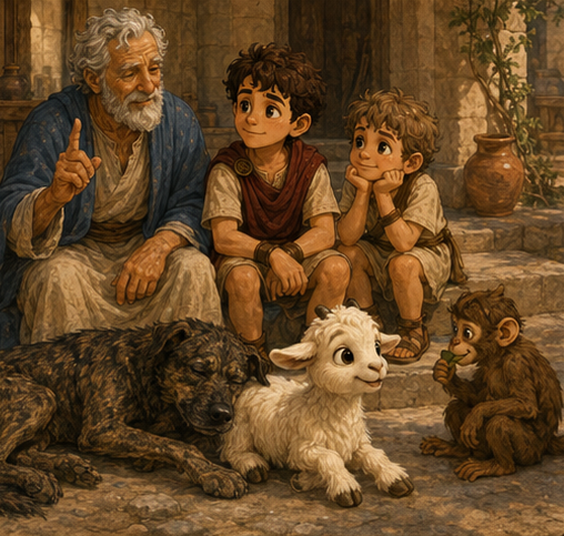 Grandfather teaching Steve the final lesson, while Donatus the dog, the baby goat, and their pet monkey sit peacefully together.
