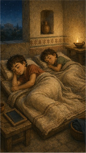 Steve and Kynthos sleep peacefully at night beside the wax tablet and oil lamp