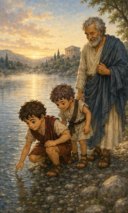 Steve touches the cold river and jerks his finger back while Kynthos watches