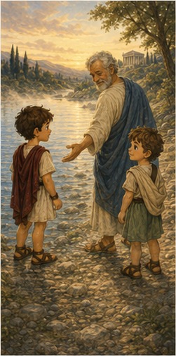 Grandfather stands in the cold river and beckons the boys toward him