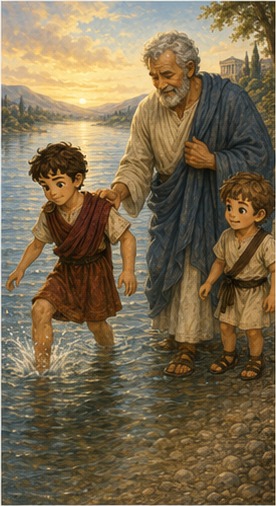 Steve takes his first tense step into the icy river while Grandfather encourages him