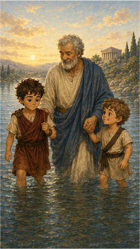 Steve and Kynthos stand knee-deep in the cold river with Grandfather