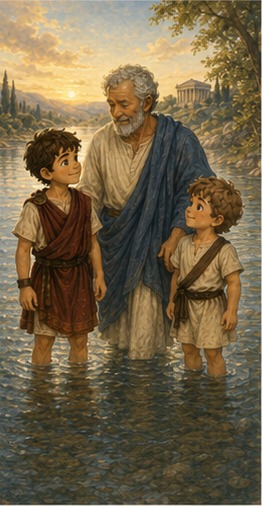 The three stand more calmly in the river as the boys realize they are okay