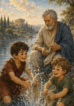 Steve and Kynthos laugh and splash in the river while Grandfather smiles