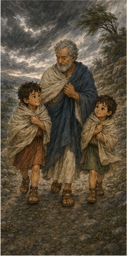 The boys walk steadily beside Grandfather as a cold wind blows across the hill path