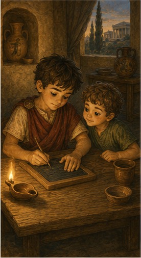 Steve writes on a wax tablet by lamplight while Kynthos leans over to read