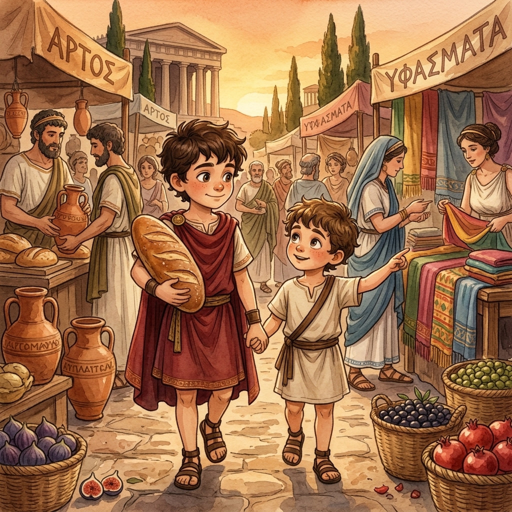 Steve and Kynthos walking in the market, Steve holding a loaf of bread