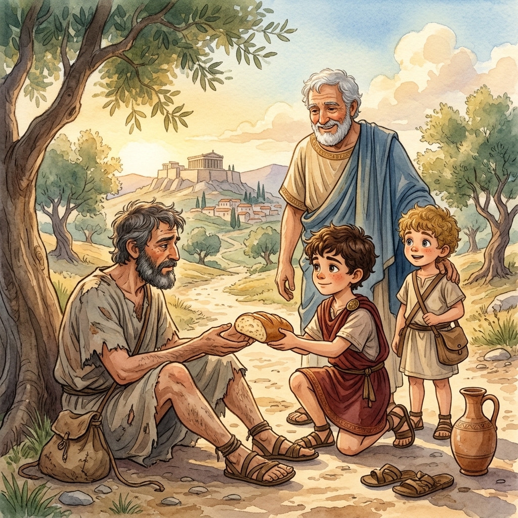 Steve handing half the bread to the traveler
