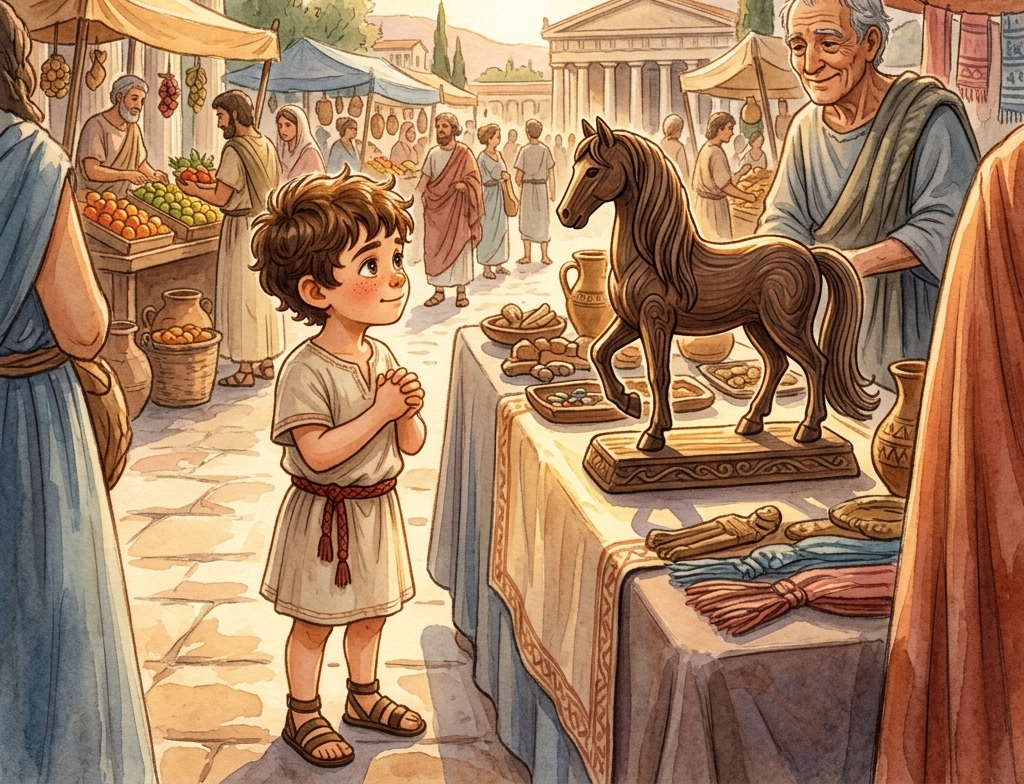 Kynthos looking at a beautiful wooden toy horse